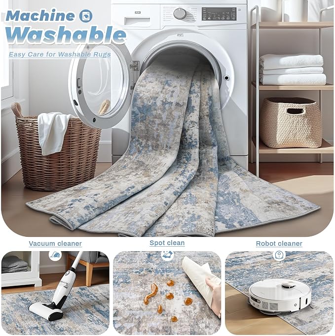 pmtsns Area Rugs 10x14 Living Room: Washable Rug Modern Abstract Neutral Soft Non-Slip Low-Pile Indoor Large Carpet for Bedroom Dining Room Playroom Home Office (Light Blue Brown, 10'x14')