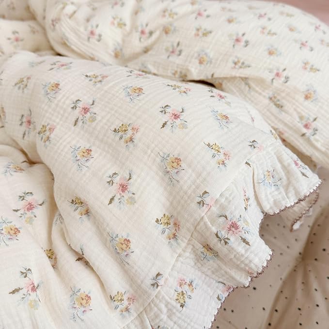 Cottage Floral Duvet Cover King with Ruffles,Azalea Print,No Pillow | Vintage Shabby Chic Bedding,100% Cotton Muslin Quilt/Comforter Cover, Soft Breathable, Zipper Closure,90"x104"