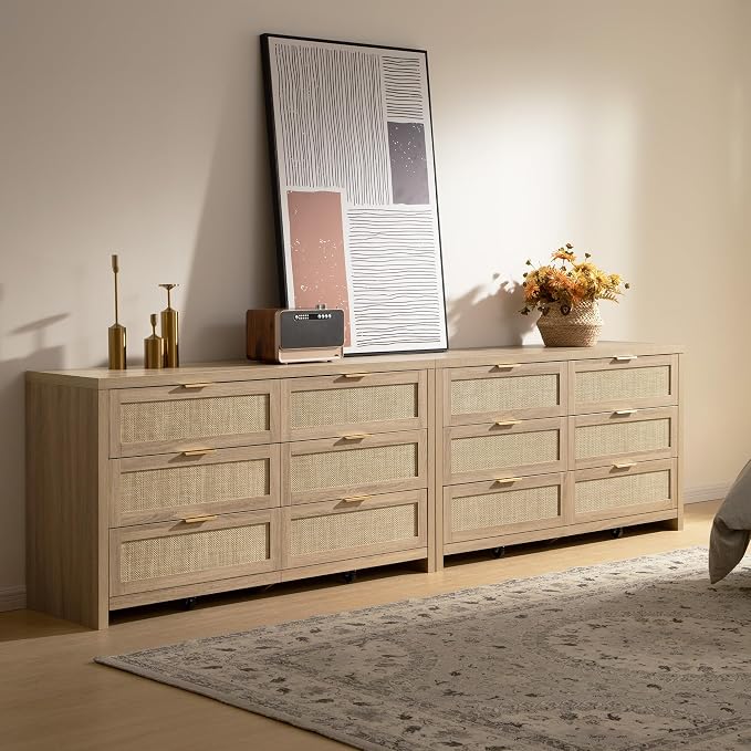 SICOATS Rattan Dressers for Bedroom Set 2, Large 6 Drawer Dresser | Long Chest of Drawers, Dresser Farmhouse TV Stand for Bedroom, Living Room, Nursery, Closet, Reclaimed Light Oak, 2 Pieces