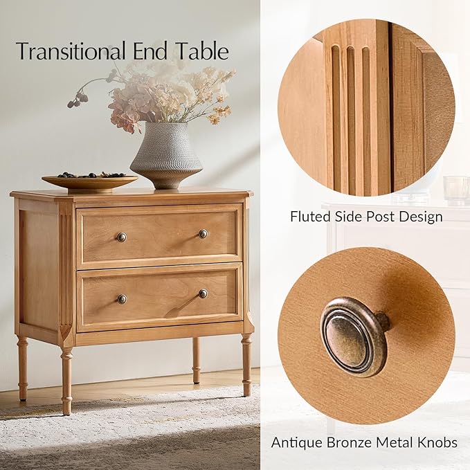 HULALA HOME Solid Wood End Table with Charging Station, Mid-Century Modern End Table with 2 Drawer, Adjustable Solid Wood Feet, Easy Assembly Set of 2, Teak