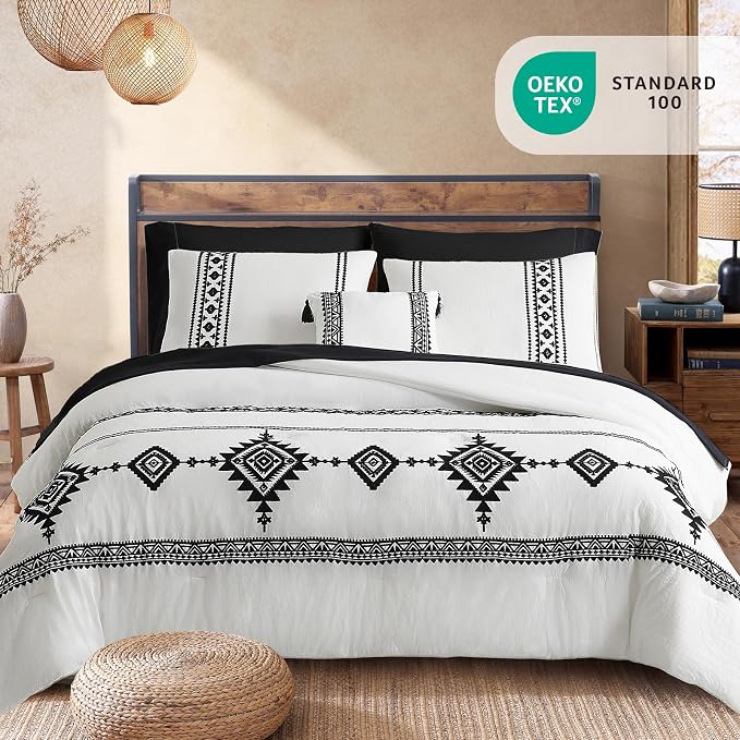 MaiRêve Embroidery King Size Comforter Set 7 Pieces White Bed in a Bag | Western Farmhouse Boho Bedding Sets with Comforter, Sheets, Pillowcases & Shams