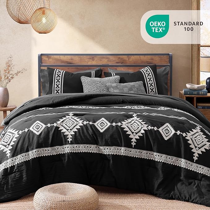 MaiRêve Embroidery Oversized Queen Comforter Set 7 Pieces Bed in a Bag | Black Western Boho Bedding Sets Farmhouse with Comforter, Sheets, Pillowcases & Shams