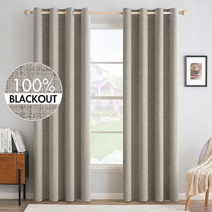 MIULEE 100% Blackout Linen Curtains for Bedroom 52x90 Inches Greige | Room Darkening, Light Blocking, Thermal Insulated, Grommet Top, Linen Textured, Window Curtains for Living Room, 2 Panels