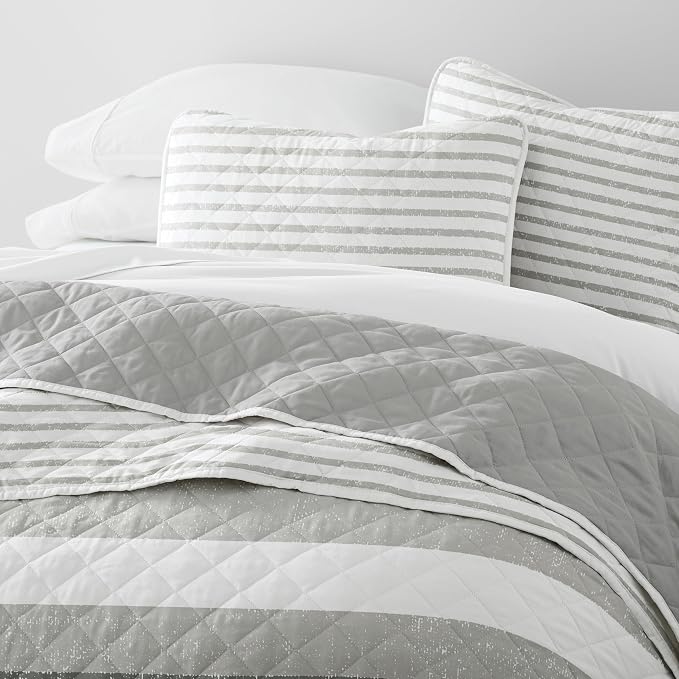 Merit Linens Soft Quilt Coverlet Bedding Set - Pattern/Solid Reversible - Twin/TwinXL Light Gray