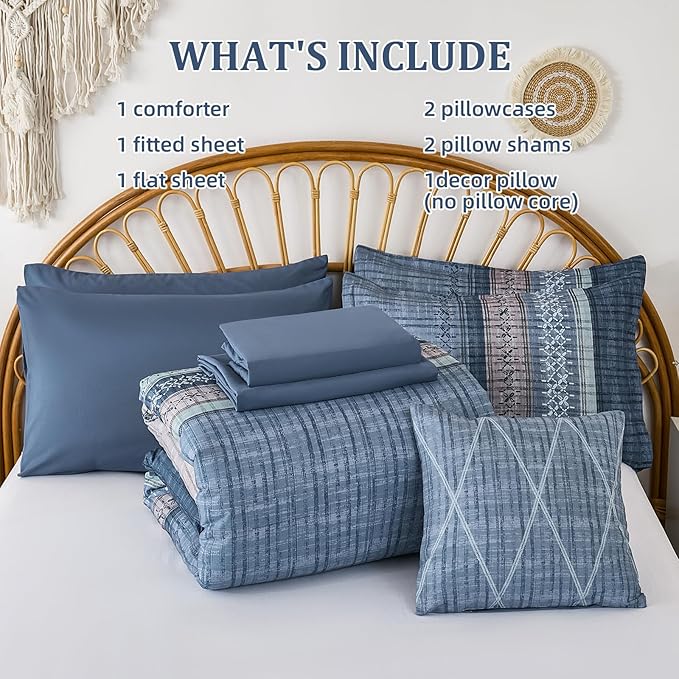 Dintszyayue Blue Comforter Set Cal King Size, 8 Pieces Boho Striped Bed in a Bag Soft Microfiber Bedding Set for All Season
