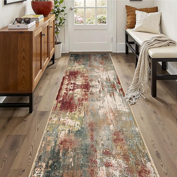 RELEANY Washable Runner 2'x10' Abstract Area Rug for Hallway Rustic Brown | Carpet for Kitchen, Entryway, Bathroom, Living Room, Bedroom, Printed Pattern, Non‑Slip, Soft, Stain‑Resistant, Easy to Clean