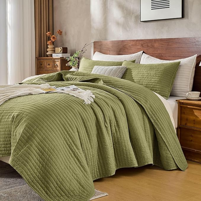 DOWN HOME Twin Quilt Bedding Set with Sham, Vintage Washed Soft Quilted Blanket Thin Comforter Lightweight Bedspread Coverlet Bed Cover, Brushed Microfiber Stripe Stitching, Golden Olive, 66"x92"