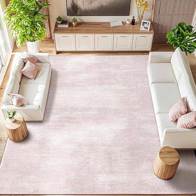 8x10 Washable Area Rug, Pink Solid Area Rugs for Living Room & Bedroom | Stain-resistant & Non-slip backing,Low Pile Washable Large Carpet, Solid Vintage Style For High Traffic Areas(8x10,Pink)