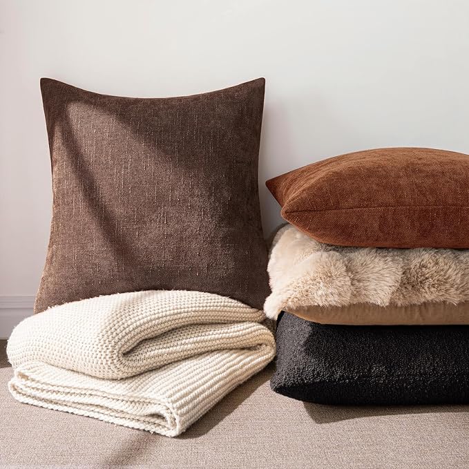 MIULEE 24x24 Inch Euro Textured Chenille Throw Pillow Covers Red Brown | Pack of 2 Decorative Soft Throw Pillows,Solid Textured Cushion Covers,Modern Home Decor for Bed Couch Sofa Bedroom Livingroom