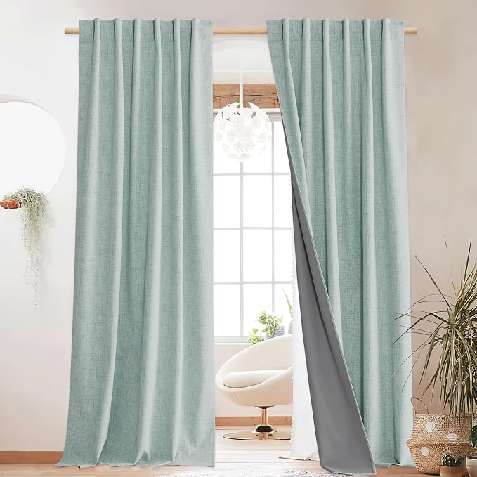 NICETOWN 100% Blackout Linen Curtains 95 inches Long 2 PCs, Seafoam Green | Cozy Bedroom Curtains for Studio Nap Time, Noise Reducing, Privacy Protection, Thermal Insulated, W52" x L95" per Panel