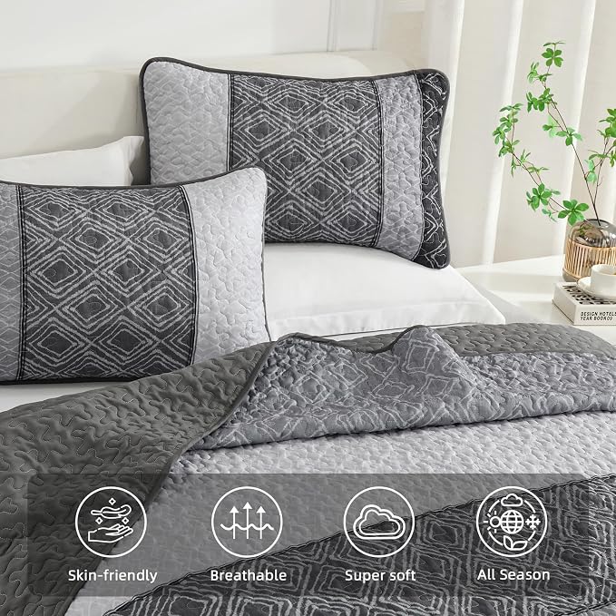 Cottolester Boho Quilt Set Queen Size 3 Pieces,Grey Striped Plaid Bedspread,Soft Microfiber Bedding Set with 2 Pillow Shams 96"x90" | Summer Lightweight Coverlets Set for Men Women,Soft Microfiber Patchwork Quilt Bedding Sets for All Seasons 96"x90"