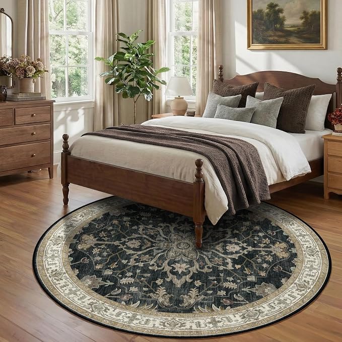RELEANY Washable Area Rug, Round 8ft, Black/Vintage/Beige | Non-Slip, Water Repellent, Pet Friendly, Easy to Clean, Vintage Floral Boho Decor for Living Room Bedroom Dining Room