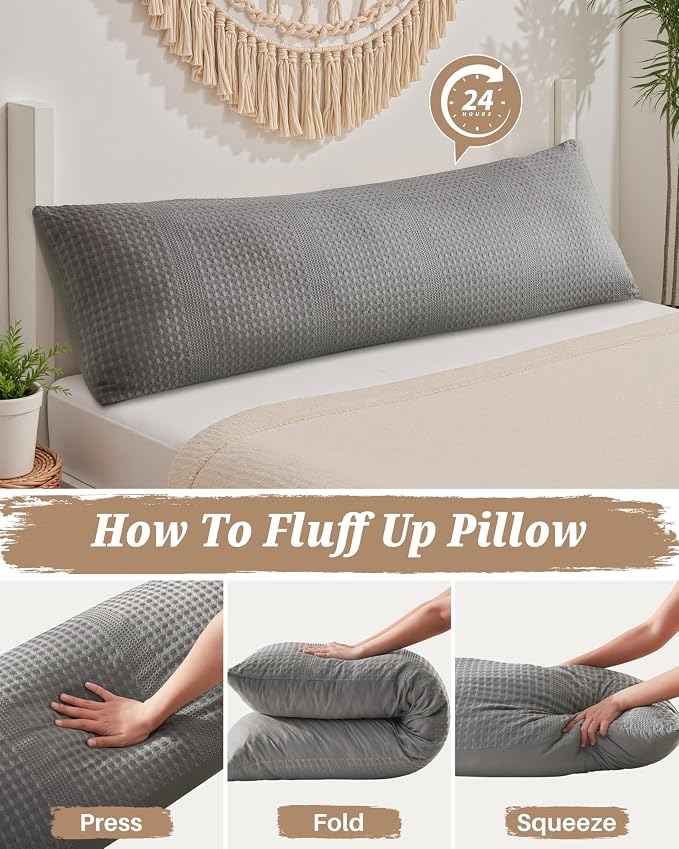 YZ HOME Waffle Weave Body Pillow for Adults, Memory Foam Insert | Long Pillow with Removable Pillowcase, Firm and Fluffy, Large Bed Pillows for Side Sleepers, Washable, 20x54 Inch, Grey
