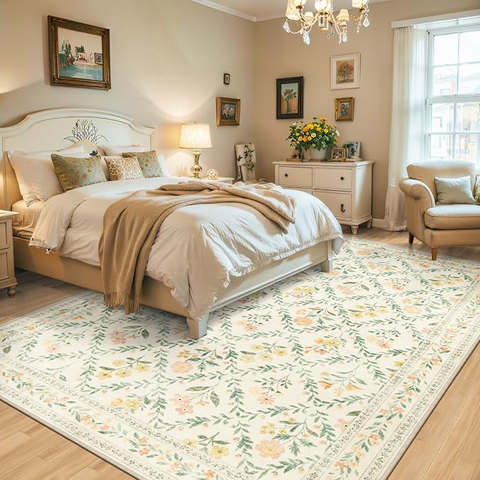 PLHXFR Area Rug Living Room: 4x6 Floral Washable Boho Carpet Beige Multi | For Bedroom Dining Room Farmhouse Nursery Hallway,Vintage Floral,Machine washable,Non Slip,Stain Resistant,Large Indoor