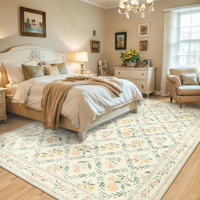 PLHXFR 8x10 Area Rug Living Room: Floral Washable Boho Carpet Beige Multi | For Bedroom Dining Room Farmhouse Nursery Hallway,Vintage Floral,Machine washable,Non Slip,Stain Resistant,Large Indoor
