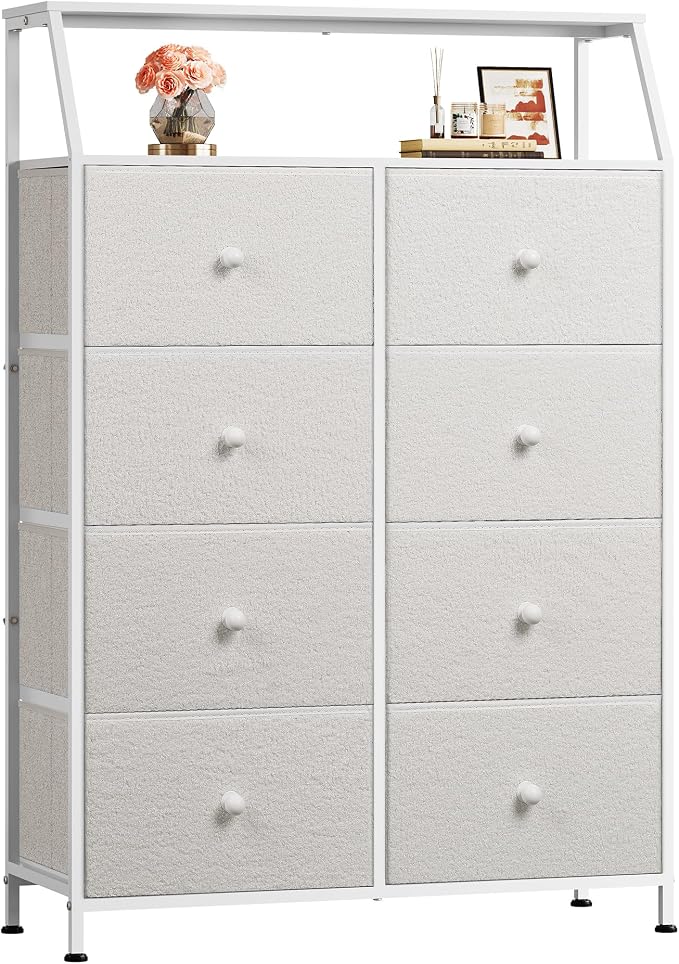 WLIVE Cream Boucle 8-Drawer Fabric Dresser Storage Tower Bedroom | Boucle fabric 8-drawer dresser with open shelves, stylish nursery dresser for baby girl room kids bedroom closet storage