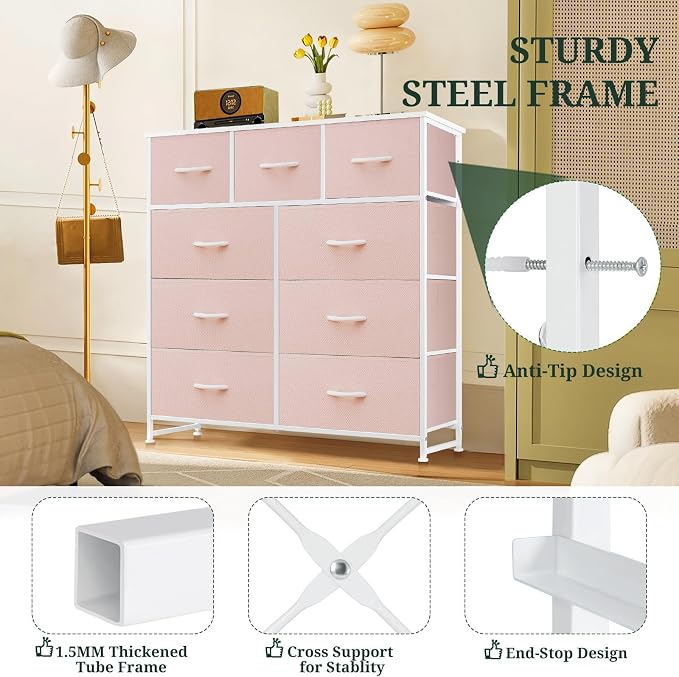 9-Drawer Dresser for Bedroom, Anti-Tip Tall Storage Organizer | Chest of Drawers with Wooden Top and Metal Frame Fabric Bins for Closet, Living Room, Hallway, Entryway, Pink