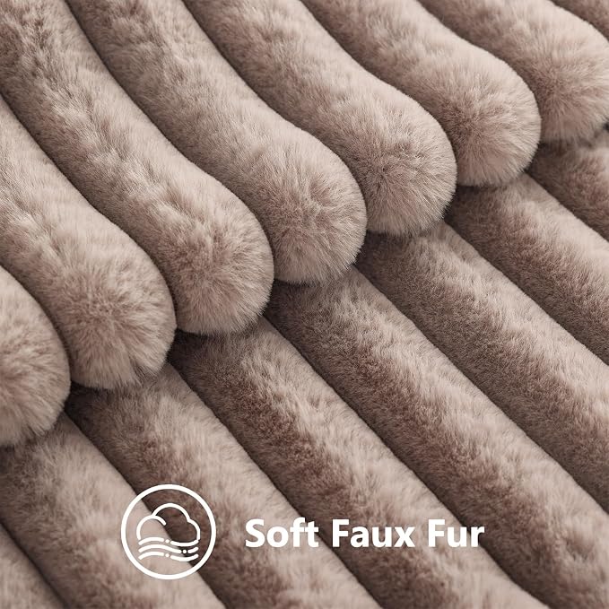 decorUhome Fall Faux Fur Throw Pillow Covers 20x20 Set of 2 Light Coffee | Decorative Soft Cozy Striped Plush Modern Farmhouse Boho Couch Pillow Cases Velvet Back for Sofa Bed Living Room Home Decor