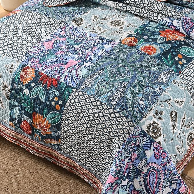 VISIMISI Cotton Bedspread Quilt Bedding Sets Reversible Coverlet Sets 3 Pieces Vintage Floral Blue Teal Patchwork Bedspread, King Size