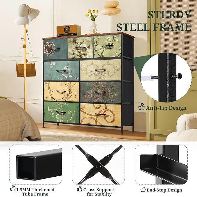 9-Drawer Dresser for Bedroom, Anti-Tip Tall Storage Organizer | Chest of Drawers with Wooden Top and Metal Frame Fabric Bins for Closet, Living Room, Hallway, Entryway, Floral Painted