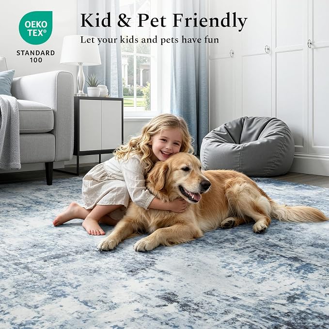 Rugflix 8x10 Area Rugs for Living Room, Washable Light Blue Grey Large Rug | Machine Washable; Stain-Resistant; Low Pile; Non-Slip; Modern Abstract; Black Carpet for Bedroom Dining Office Nursery Home