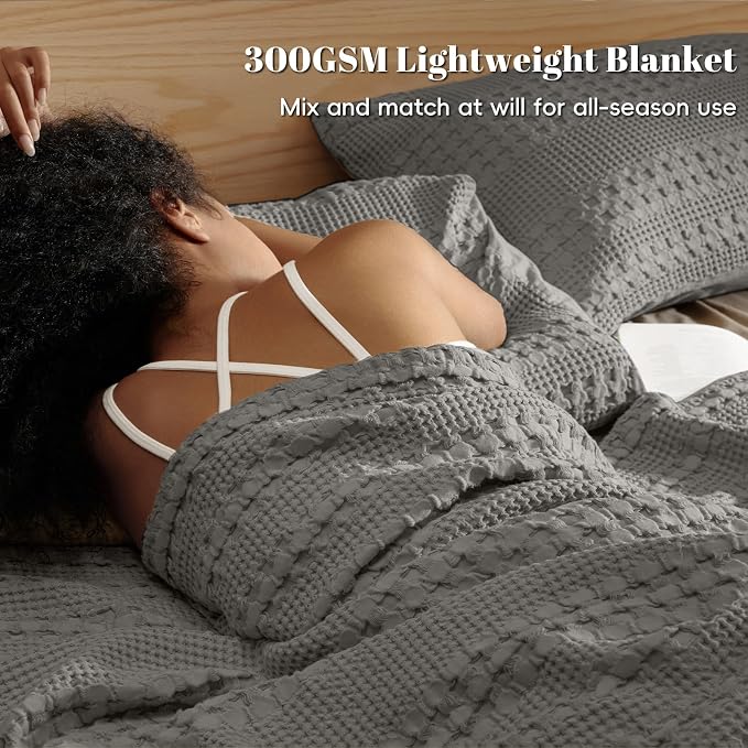PHF Lightweight 100% Cotton Waffle Blanket for Bed, Twin XL, Dark Grey | Pre-Washed Soft Cotton Comfort, Breathable Layering Warmth for Fall & Winter, Couch & Guest Room, Couch, Home Decor & Gifts