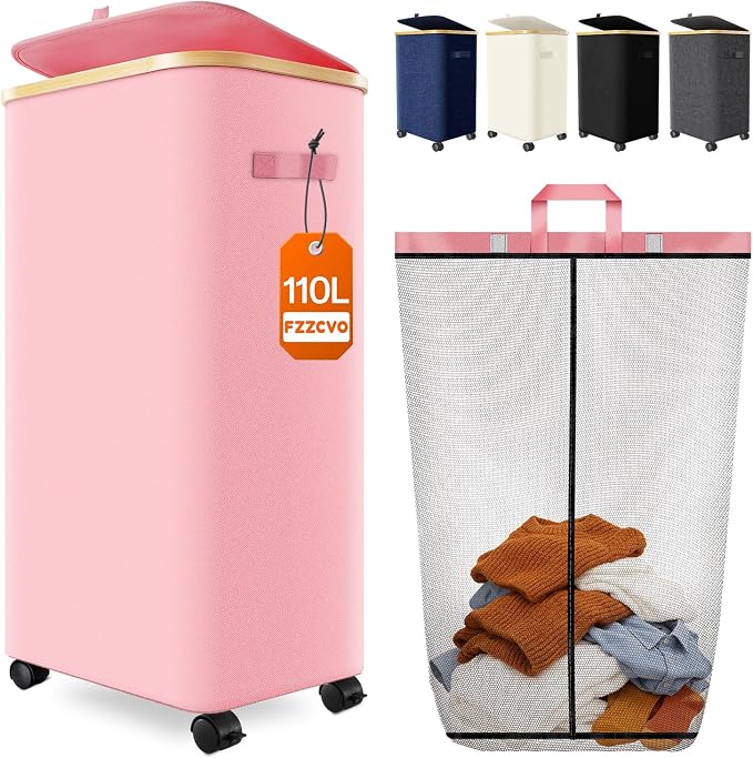 Laundry Basket with Wheels, 110L Large Rolling Laundry Hamper for Dorm | Clothes Hampers for Laundry with Inner Bag, Collapsible Dirty Clothes Hamper for Bedroom, Bathroom, Laundry Room