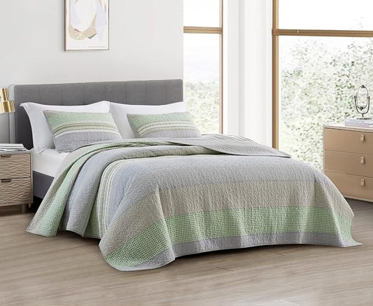 Chezmoi Collection Rene 3-Piece Boho Chic Patchwork Stripe Quilt Set - Green Gray White Plaid Candy Stripe Reversible Bedspread - Pre-Washed Cotton Lightweight Coverlet, Queen Size