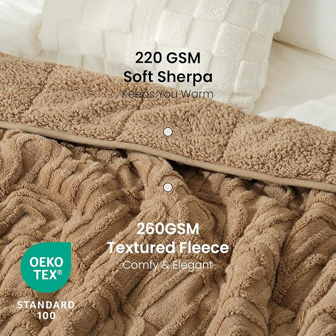 Drewin Weighted Blanket Queen Size 15lbs for Adults,Brown,60 x 80 inches | Stress Relief & Better Sleep,Soft Jacquard Sherpa with Glass Beads,Machine Washable,Great for Napping,Relaxing,Reading