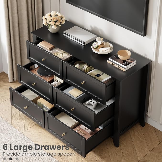 Garvee 6 Drawer Dresser for Bedroom, 47.2" Wide Modern Large Chest of Drawers with Metal Knobs, Wooden Clothes Storage Organizer for Closet, Nursery, Living Room, Apartment, Black | Lacquered Finish, Metal Knobs, Clothes Storage Organizer for Closet, N...