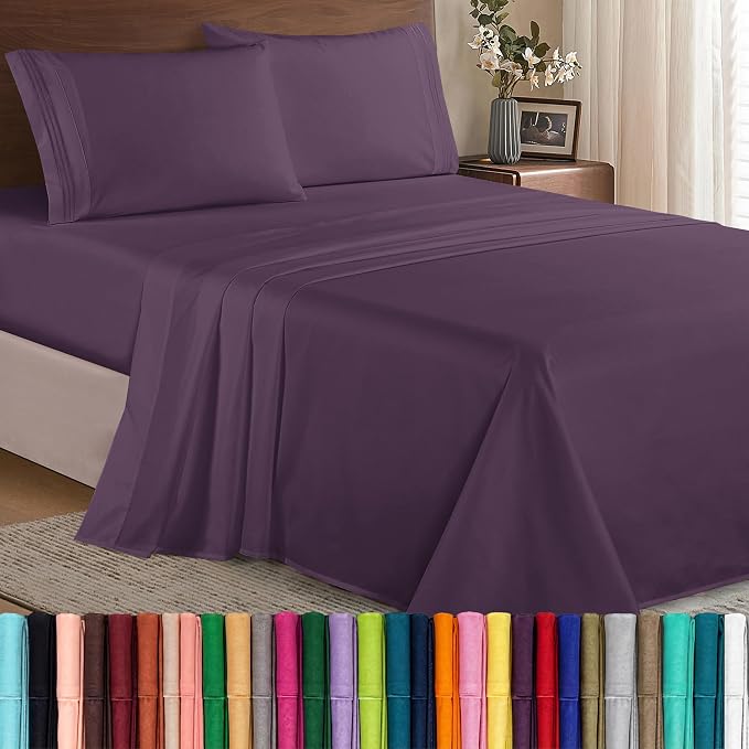 Elegant Comfort Luxury 1500 Premium Hotel Quality Microfiber 4-Piece Sheet Set - Wrinkle Resistant, All Around Elastic Fitted Sheet, Deep Pocket up to 16", Queen, Purple