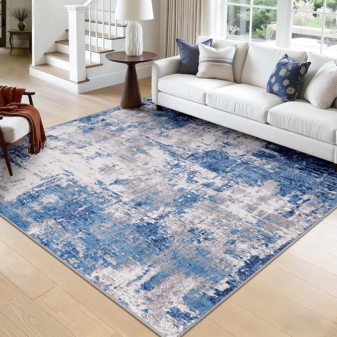 RELEANY Washable Square 8'x8' Area Rug for Living Room Blue Gray | Carpet for Bedroom, Kitchen, Office, Hallway and Entryway, Printed Pattern, Non‑Slip, Soft, Stain‑Resistant, Easy to Clean