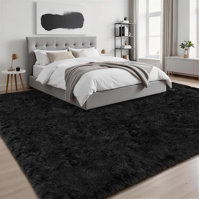 9x12 Area Rug Living Room Bedroom: Fluffy Plush Shag Carpet Black | For Kids Room Playroom Nursery Home Decor,Ultra Soft,Non-Slip Non-Shedding,Fuzzy Plush,Large Indoor Floor Carpet,Easy Clean