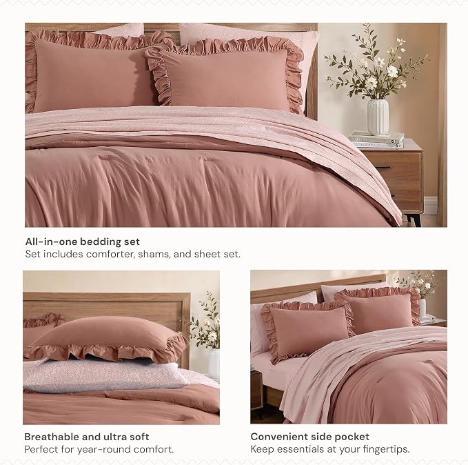 Full Size Comforter Sets-7 Pieces Ruffle Bedding Floral Sheet | Pink Lace Bed in a Bag, Soft Lightweight All Season Farmhouse Full Size Bedding Sets with Floral Sheets, Pillowcases & Shams