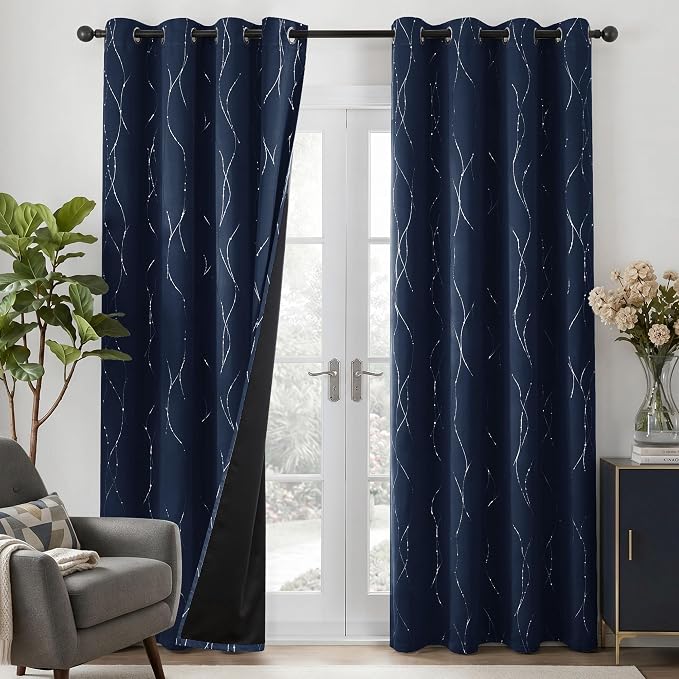 Deconovo 100% Blackout Living Room Curtains 95 Inches Long, Black Backing | Silver Line Foil Pattern Drapes, Thermal Insulated, Room Darkening, Grommet, 2 Panels Set, Navy Blue, 52 x 95 Inch