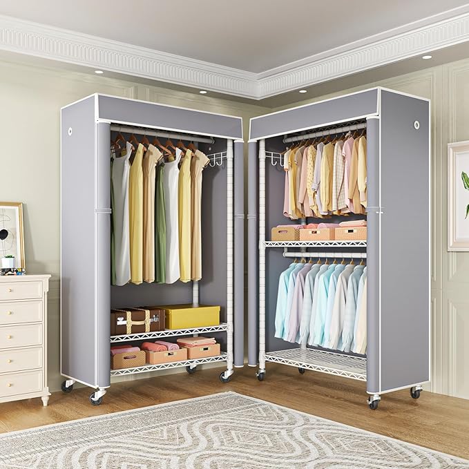 FUTASSI White Clothing Rack with Grey Cover, P1C Rolling Closets | Metal Garment Rack for Hanging Clothes, Clothing Storage Wardrobe, with Wheels