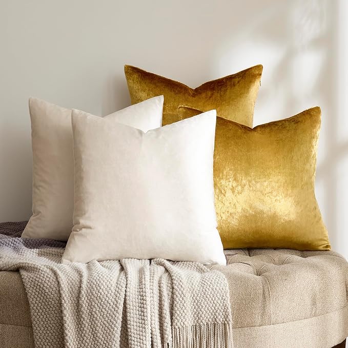 GIGIZAZA Pack of 4 Decorative Velvet Pillow Covers 20x20 Ivory Gold | Throw Pillows for Couch Sofa,280gsm Soft Textured Fabric,Modern Accent Pillowcases,Luxury Living Room Cushion Covers