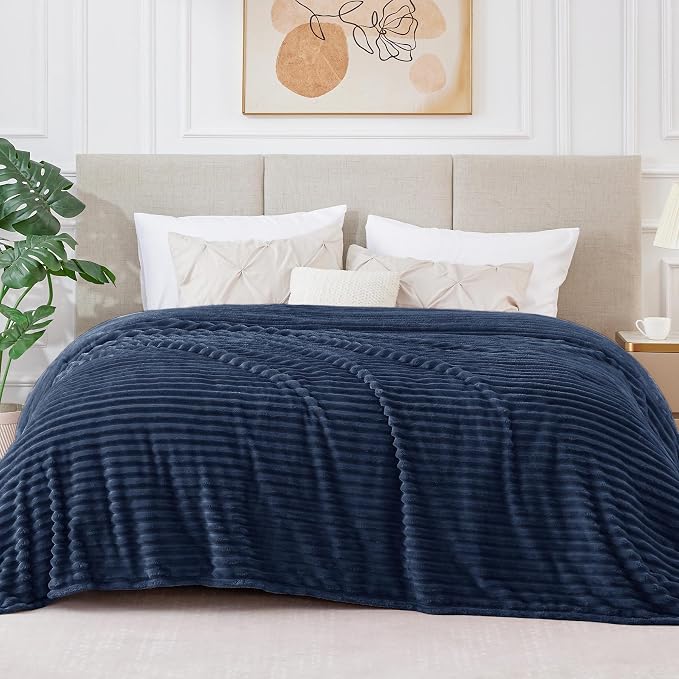 BEDELITE 3D Ribbed Jacquard Navy Blankets Queen Size for Bed, 90x90 Inch | Soft Warm Decorative Fluffy Blanket, Cozy Fuzzy Lightweight Plush Fleece Throw Blankets for Bed, Room Decor, Gift for Women