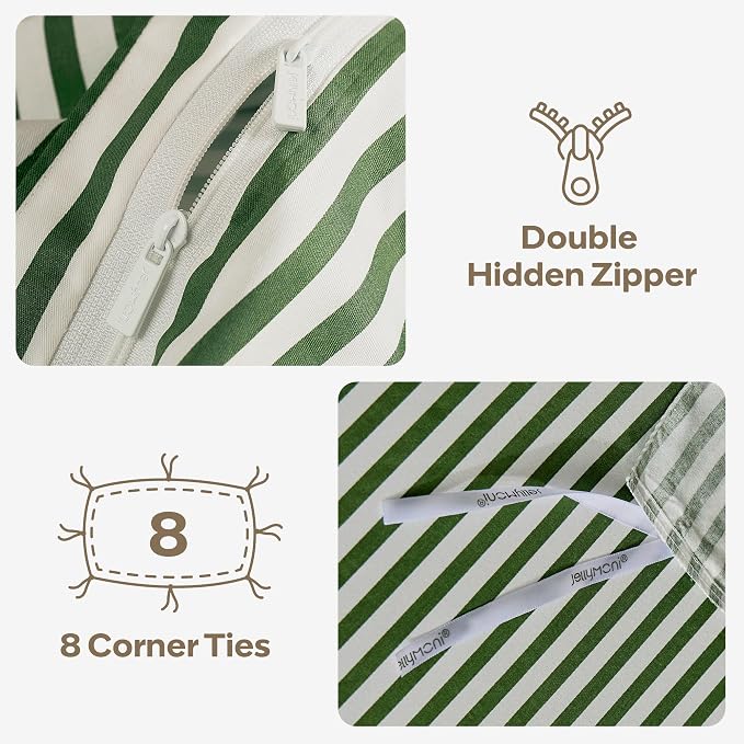 JELLYMONI 100% Cotton Classic Striped King Duvet Cover Set, Green/White | Breathable Softness, Oeko-Tex Certified, Classic Stripes, 8 Corner Ties & Double Hidden Zipper