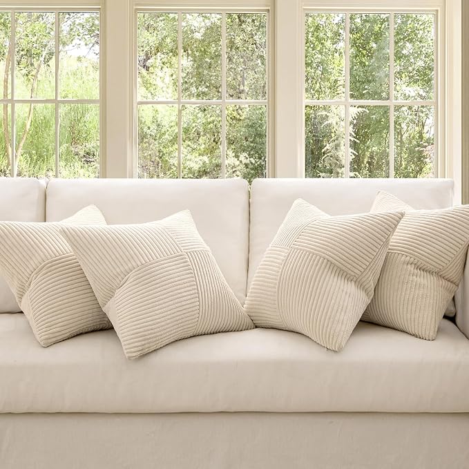 MIULEE Beige Throw Pillow Covers 18x18 Inch Set of 4 Boho Patchwork Cushion Cases Modern Farmhouse Pillow Cases with Invisible Zipper Corduroy Striped Home Decor for Couch Sofa Bedroom