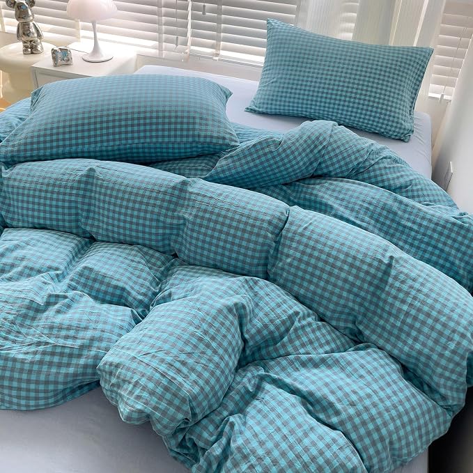 LifeTB Twin XL Comforter Set Blue Grey Gingham Comforter 3 Pieces Modern Plaid Grid Pattern Comforter Set Soft Lightweight Gingham Bedding Set Fluffy Plaid Checkered Comforter with 2 Pillowcases