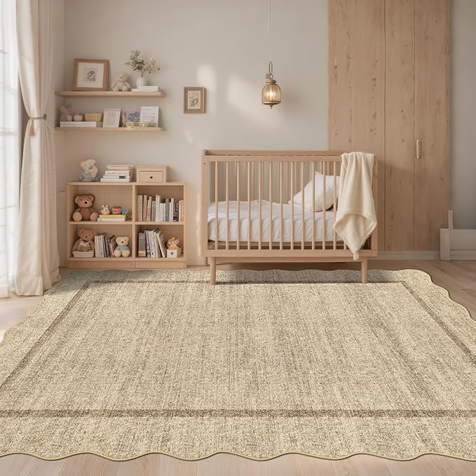 GarveeHome Scalloped Washable Rugs 8x10 Area Rugs for Living Room Non Slip | Throw Rugs Large Rug for Bedroom Low Pile Non Shedding Stain Resistant Carpet for Dining Room 8 ft x10 ft Jute