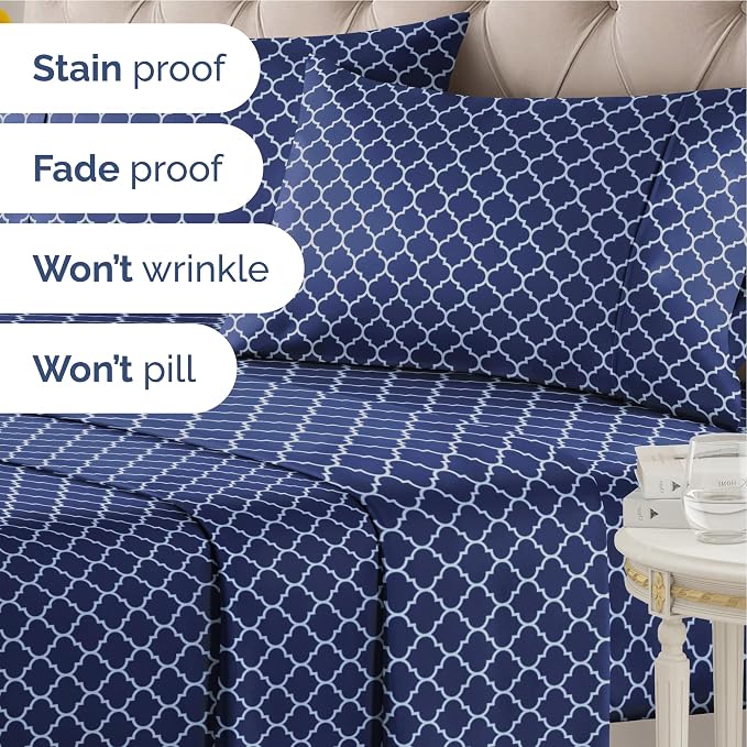 King 4 Piece Striped Sheet Set - Breathable & Cooling - Navy Quatrefoil | 1 Flat, 1 Fitted & 2 Pillowcases w/ Deep Pockets, Luxury Striped Bedding, Soft, Breathable & Cooling, Wrinkle & Fade Free