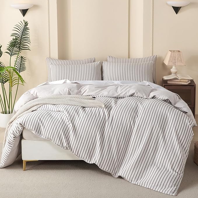 Grey Comforter Set King Soft Luxury Washed Microfiber Jacquard 3 Pieces Bedding, White Grey Vertical Ticking Stripes Pattern Comforter with 2 Pillowcases Breathable Durable Comfy