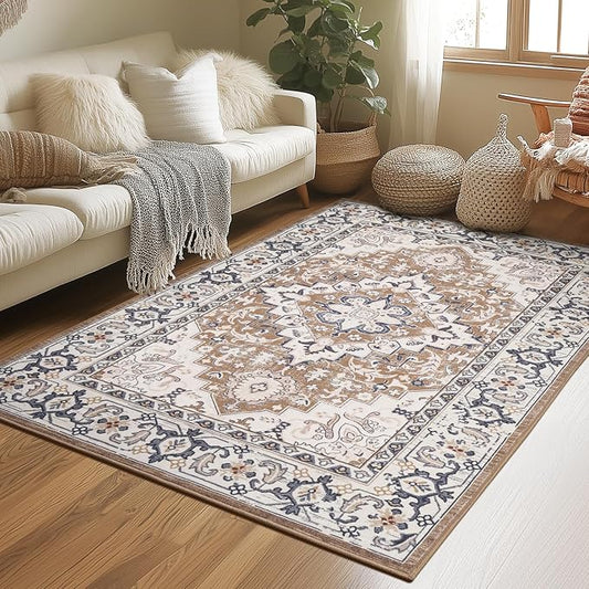 3 x 5 Area Rugs for Living Room, Washable Boho Carpets Brown Beige | Faux Wool Rug for Entryway Bedroom, Floral Medallion Vintage Rugs with Non-Slip Rubber, 0.25inch Low Pile, Kid & Pet Friendly
