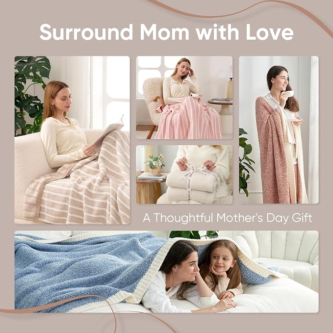 Snuggle Sac Ultra Soft Beige Throw Blanket for Couch, Reversible Cozy Knitted Ribbed Blanket for Sofa, Bed, Home Decor 50"x60"