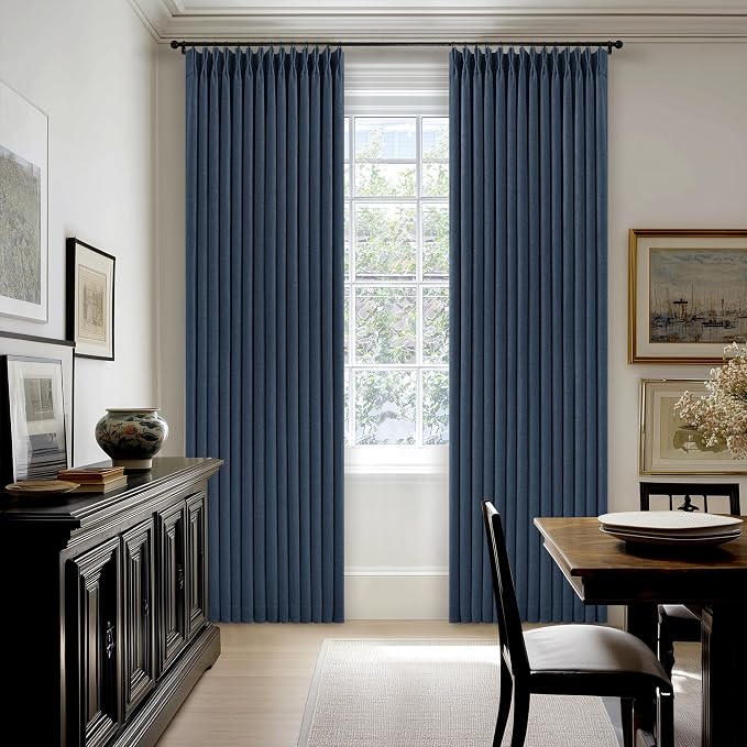 Navy Blue Pinch Pleated Linen Blend Full Blackout Curtains 86 Inch Length | Linen Blend Window Curtain with Liner, 100% Black Thermal Insulated, Pinch Pleat with Hooks Rings, for Living Room Bedroom
