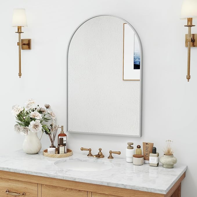 30x20 Bathroom Mirror Arch Wall Mounted/Against Aluminum Frame Silver | HD Crystal Clear No distortion Tempered Glass,Make-Up Vanity Mirrors for Bedroom,Entryway,Bathroom,Living Room