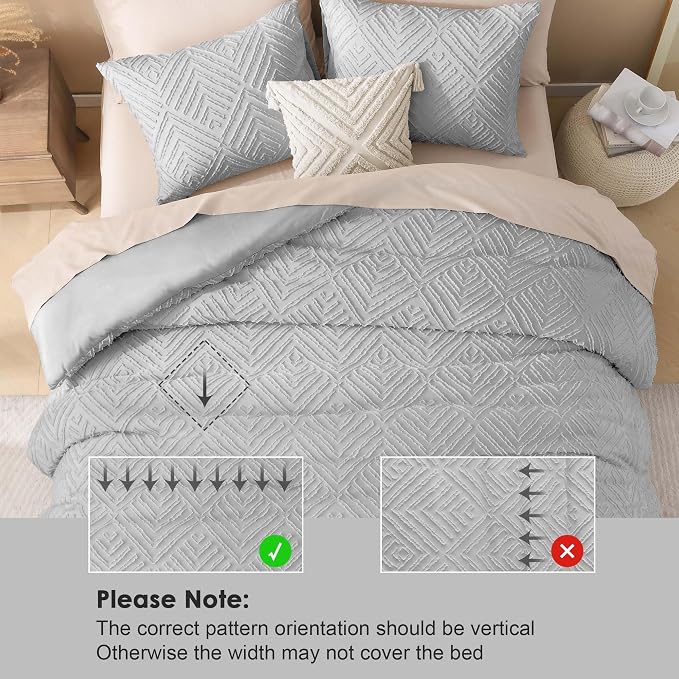 Litanika Super King Plus Comforter Set, 3 Pcs Tufted Boho Bedding Set | Light Grey Farmhouse Shabby Chic Vintage Bohemian Textured Aesthetic Soft Fluffy Lightweight Breathable All Season Bed Set