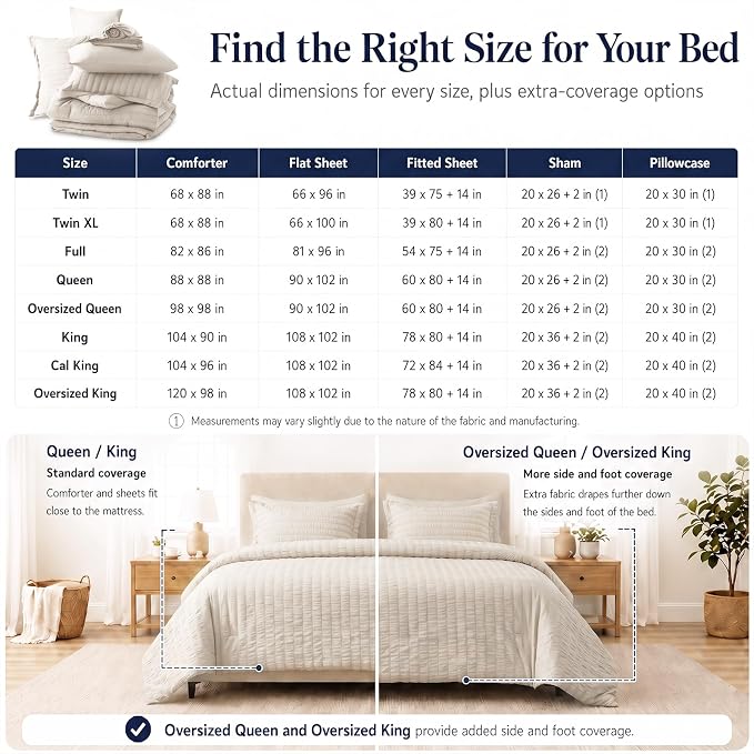 Full Size Comforter Sets, 7 Pieces Beige Seersucker Bed in a Bag | OEKO-TEX Certified, All Season Bedding Set with 240 GSM Down Alternative Comforter, Flat & Fitted Sheets, Pillowcases & Shams